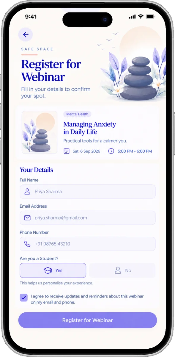 Register for Webinar screen with name, email, phone and consent fields